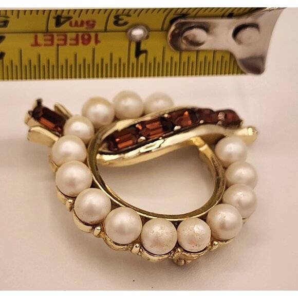 Vintage Lisner Gold-Tone Pearl & Amber Rhinestone Circle Brooch Formal MCM Fall - Picture 4 of 4